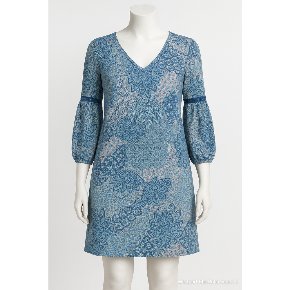 Wedding Guest Dress Paisley Boho V Neck Balloon Sleeve Shift Dress Coastal Chic